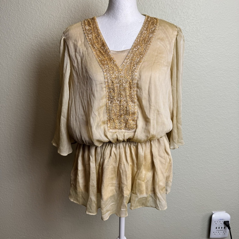 American Glamour‎ Badgley Mischka XS Women's Blouse Beaded Boho Beige Lined